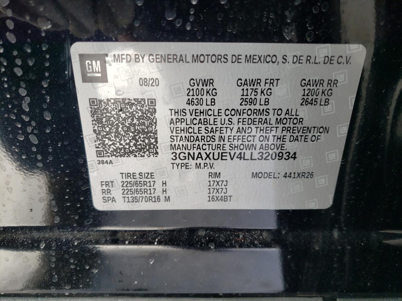 Photo 10 from auction – 2020 CHEVROLET EQUINOX LT with VIN 3GNAXUEV4LL320934