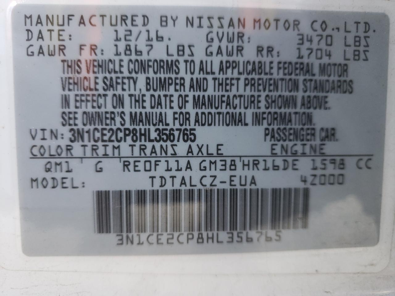 Photo 10 from auction – 2017 NISSAN VERSA NOTE with VIN 3N1CE2CP8HL356765