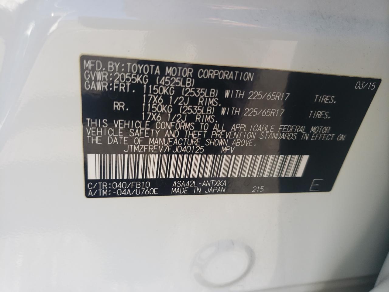 Photo 10 from auction – 2015 TOYOTA RAV4 LE with VIN JTMZFREV7FJ040125