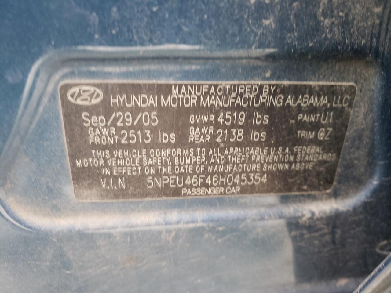 Photo 10 from auction – 2006 HYUNDAI SONATA GLS with VIN 5NPEU46F46H045354