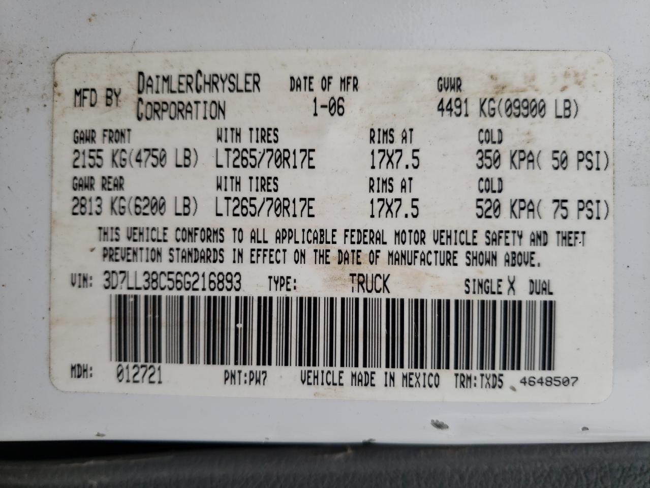 Photo 10 from auction – 2006 DODGE RAM 3500 S with VIN 3D7LL38C56G216893