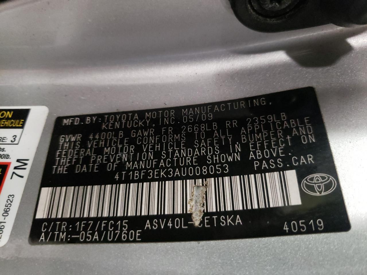 Photo 10 from auction – 2010 TOYOTA CAMRY BASE with VIN 4T1BF3EK3AU008053