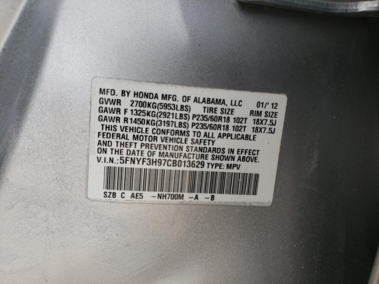 Foto 10 de la subasta – 2012 HONDA PILOT TOUR con VIN 5FNYF3H97CB013629