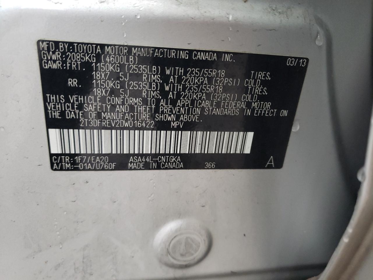 Photo 10 from auction – 2013 TOYOTA RAV4 LIMIT with VIN 2T3DFREV2DW016422