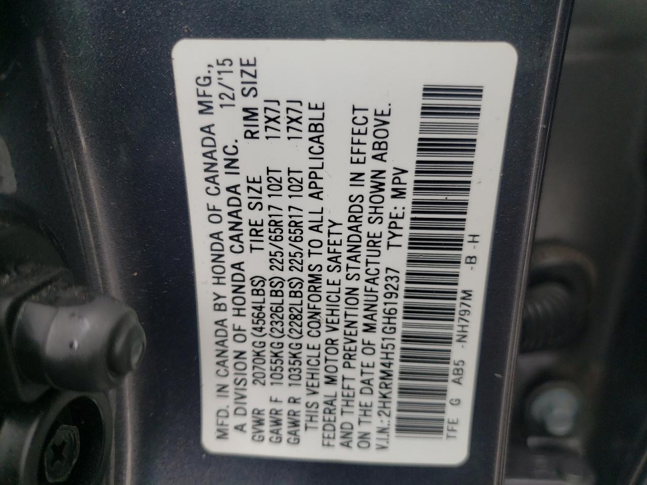 Photo 10 from auction – 2016 HONDA CR-V EX with VIN 2HKRM4H51GH619237