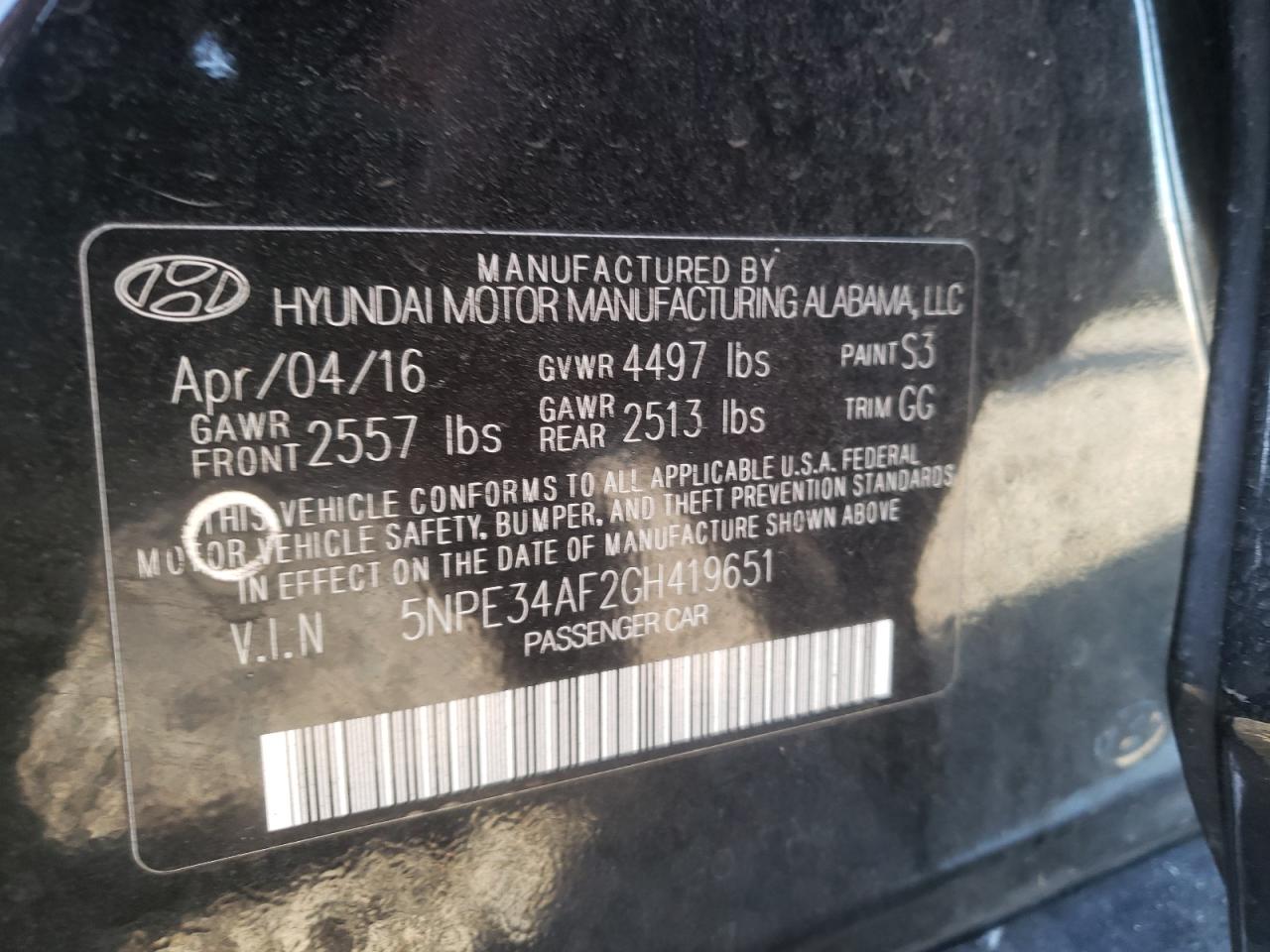 Photo 10 from auction – 2016 HYUNDAI SONATA SPO with VIN 5NPE34AF2GH419651