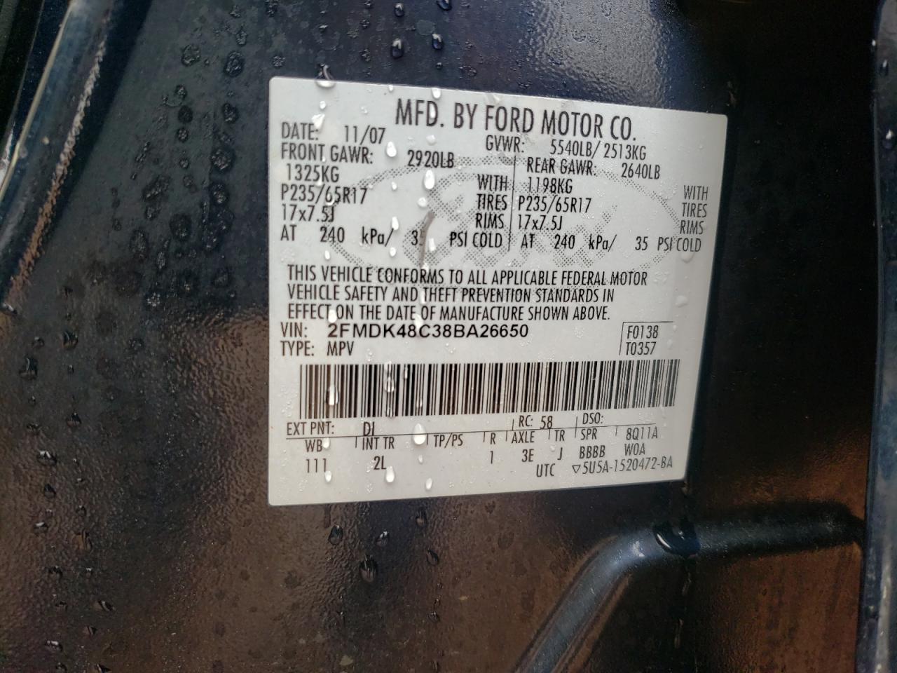 Photo 10 from auction – 2008 FORD EDGE SEL with VIN 2FMDK48C38BA26650