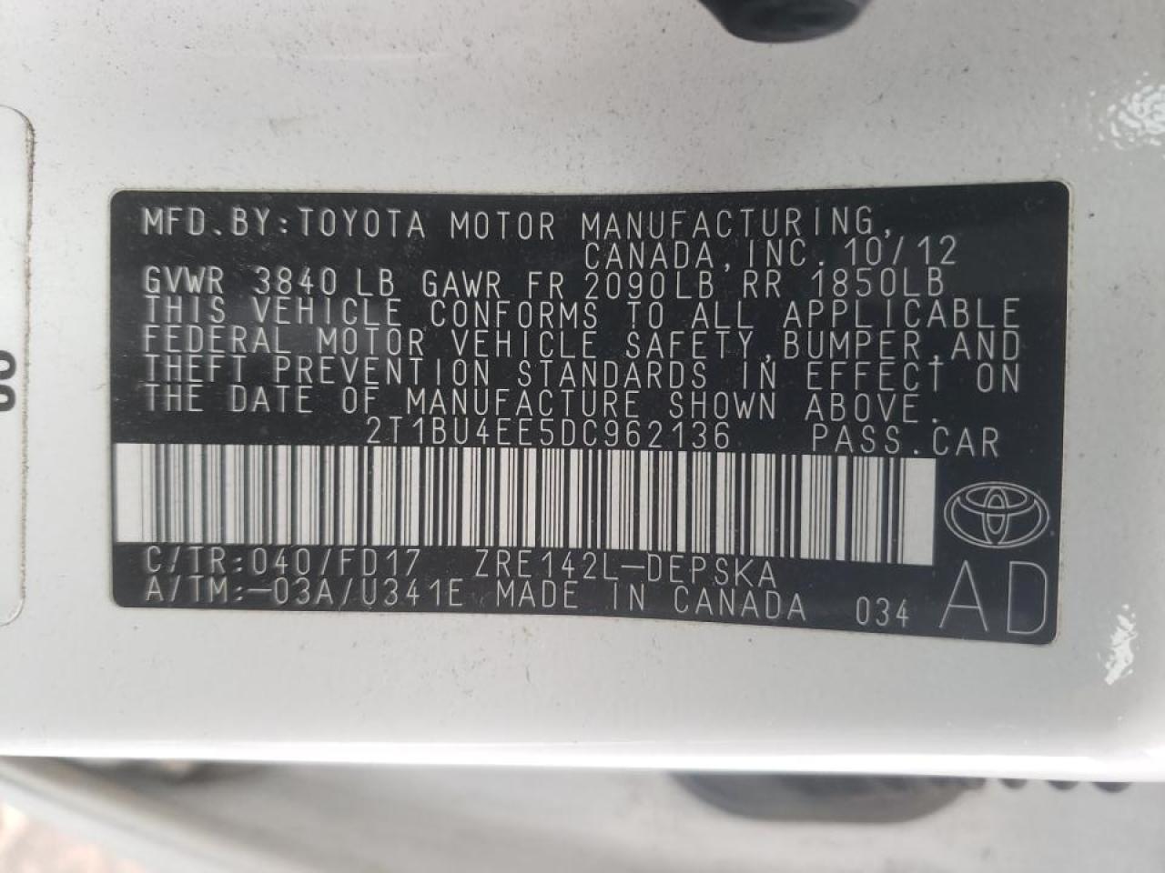 Photo 10 from auction – 2013 TOYOTA COROLLA BA with VIN 2T1BU4EE5DC962136