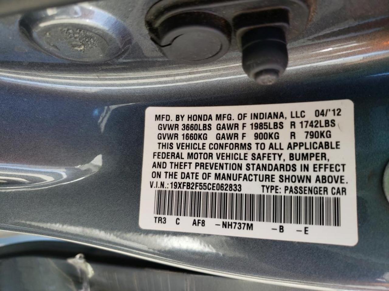 صورة رقم 10 من المزاد - 2012 HONDA CIVIC LX مع VIN 19XFB2F55CE062833