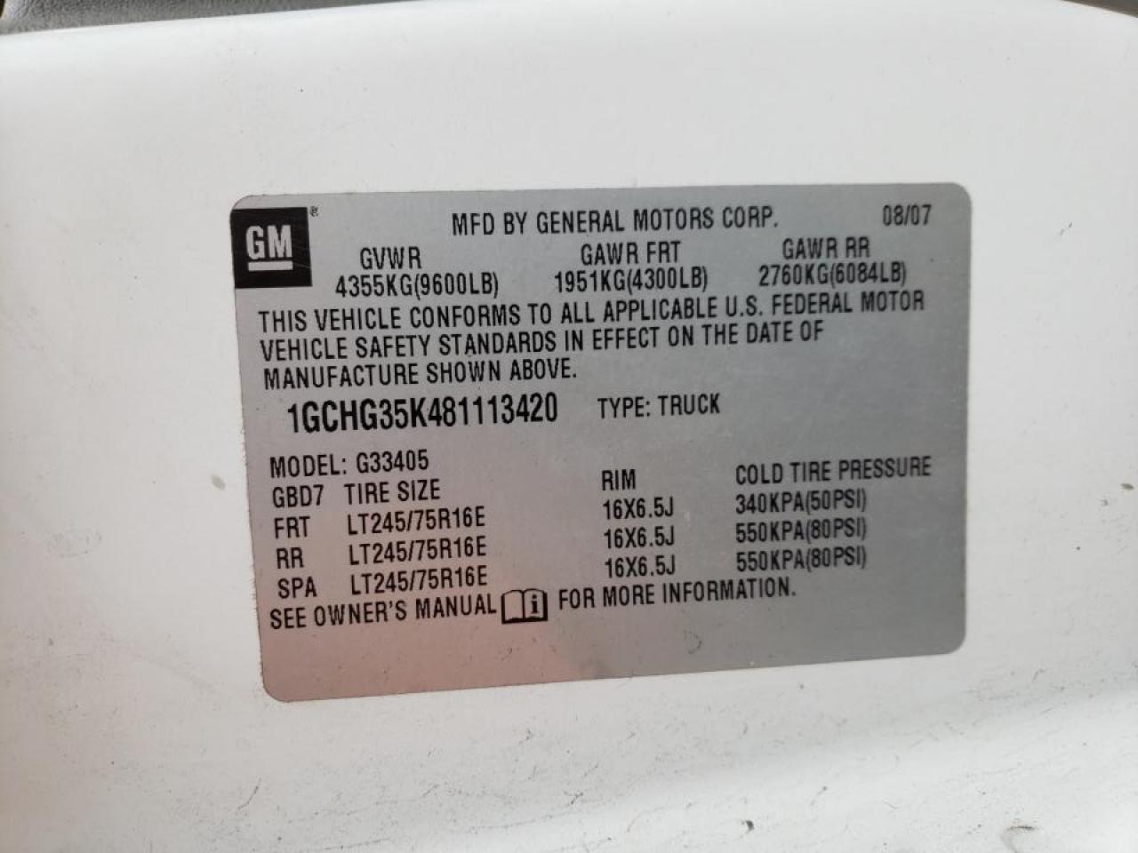 Photo 10 from auction – 2008 CHEVROLET EXPRESS G3 with VIN 1GCHG35K481113420