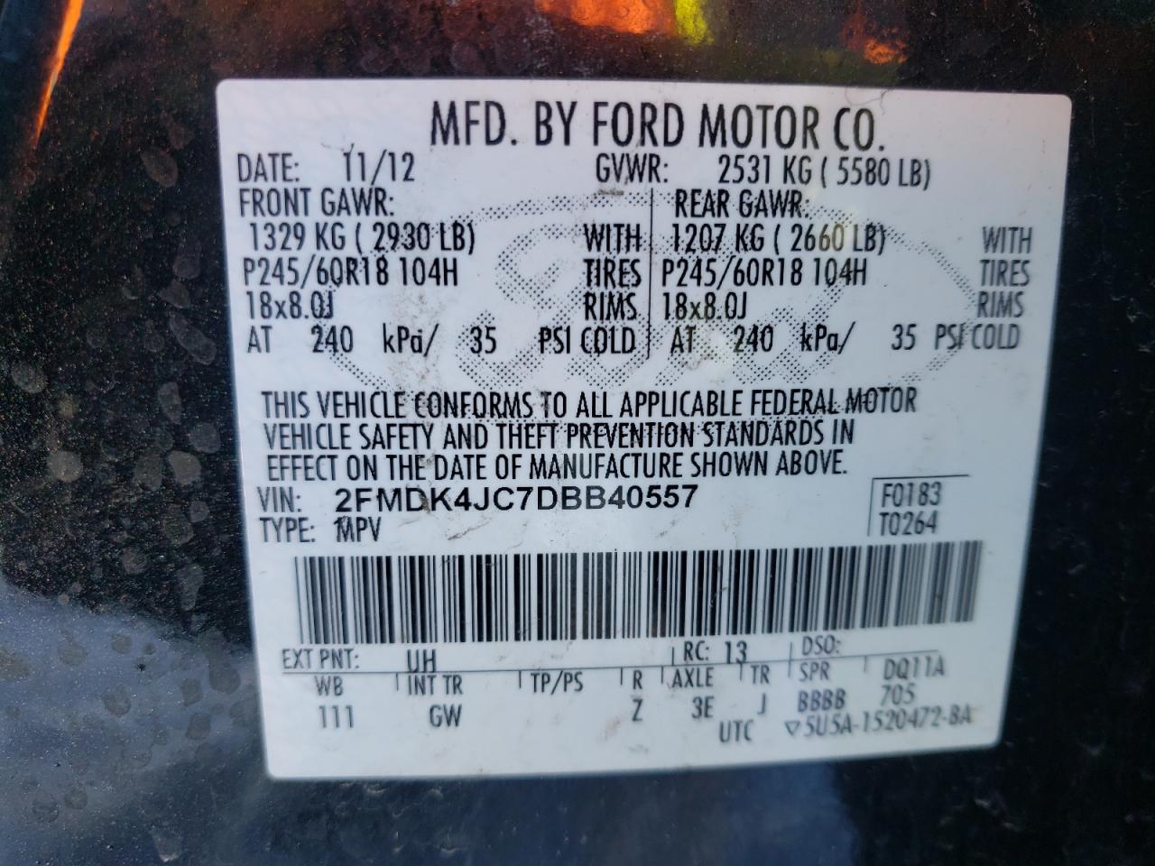 Photo 10 from auction – 2013 FORD EDGE SEL with VIN 2FMDK4JC7DBB40557