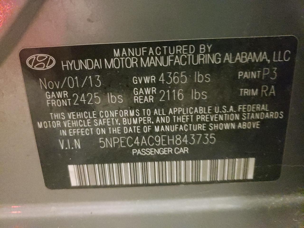 Photo 10 from auction – 2014 HYUNDAI SONATA SE with VIN 5NPEC4AC9EH843735