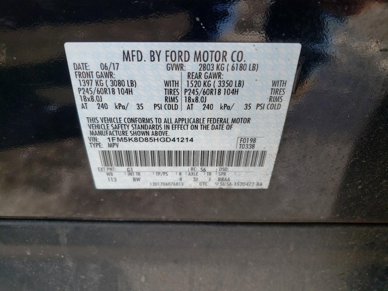 Photo 10 from auction – 2017 FORD EXPLORER X with VIN 1FM5K8D85HGD41214