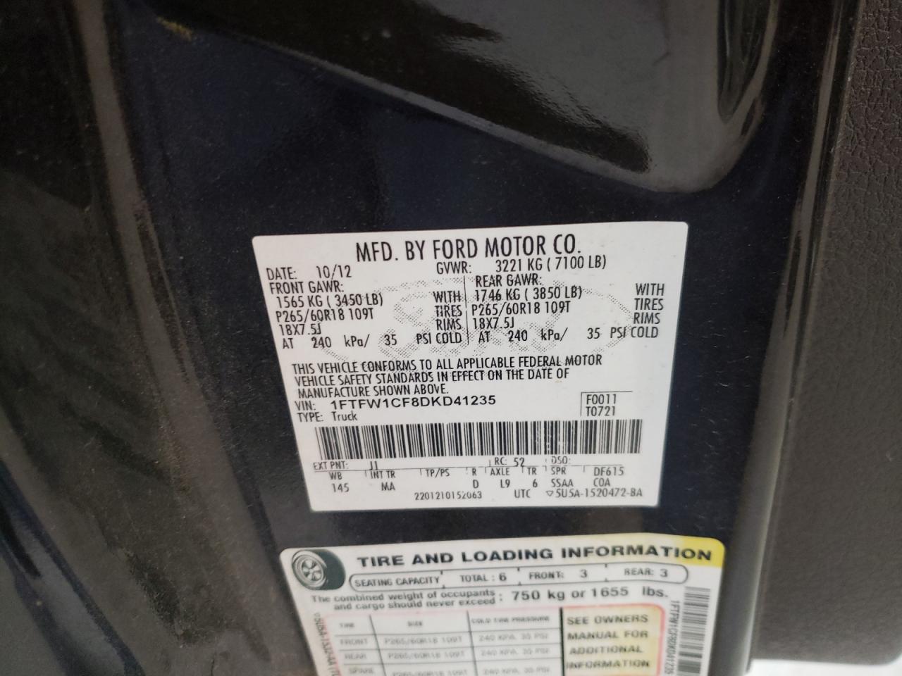 Photo 10 from auction – 2013 FORD F150 SUPER with VIN 1FTFW1CF8DKD41235
