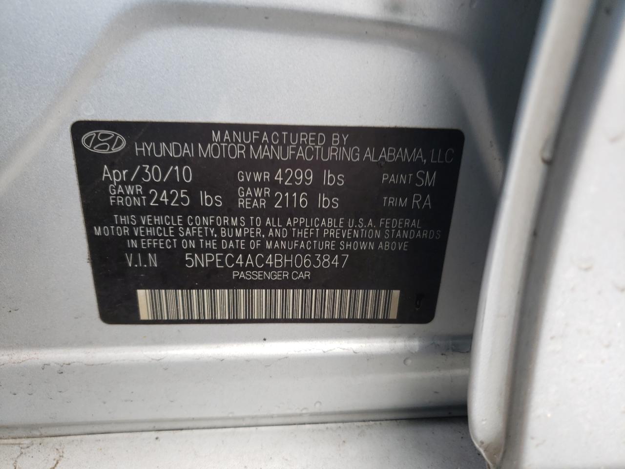 Photo 10 from auction – 2011 HYUNDAI SONATA SE with VIN 5NPEC4AC4BH063847