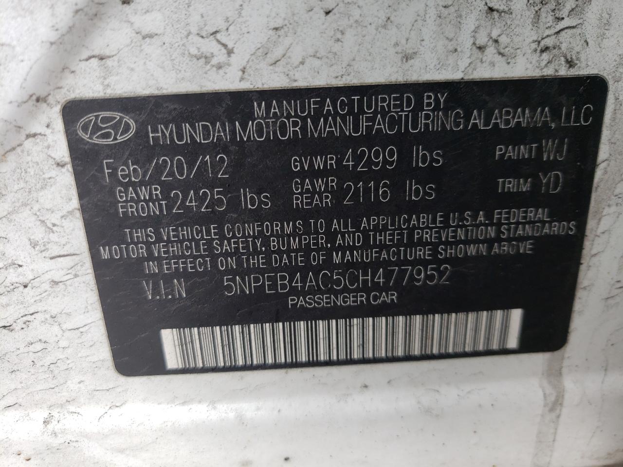 Photo 10 from auction – 2012 HYUNDAI SONATA GLS with VIN 5NPEB4AC5CH477952