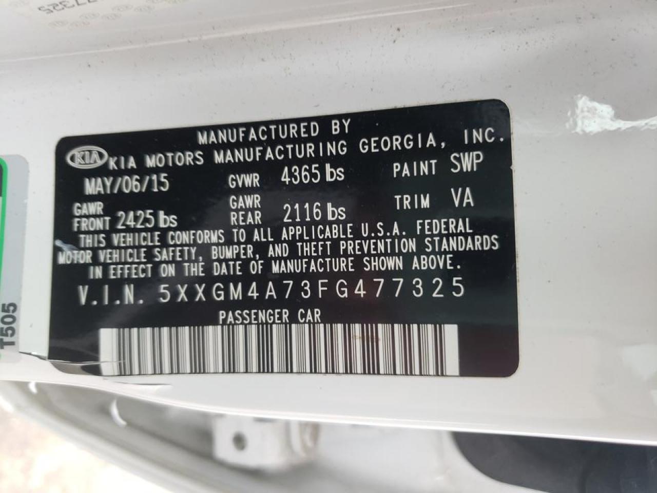 Photo 10 from auction – 2015 KIA OPTIMA LX with VIN 5XXGM4A73FG477325