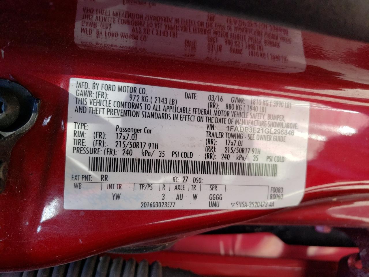 Photo 10 from auction – 2016 FORD FOCUS SE with VIN 1FADP3F21GL296846