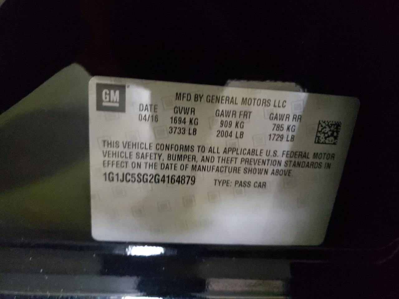 Photo 10 from auction – 2016 CHEVROLET SONIC LT with VIN 1G1JC5SG2G4164879
