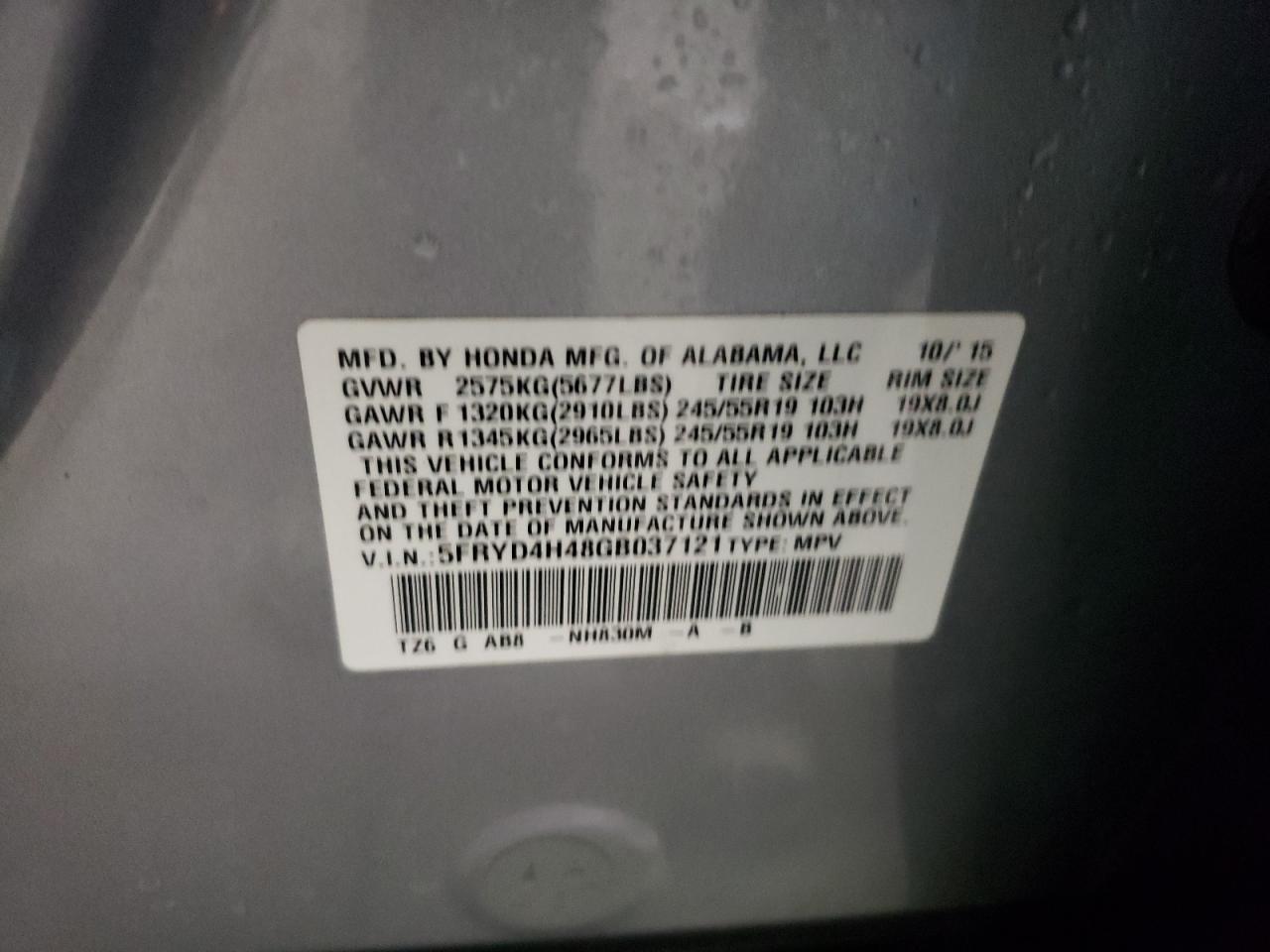 Photo 10 from auction – 2016 ACURA MDX TECHNO with VIN 5FRYD4H48GB037121