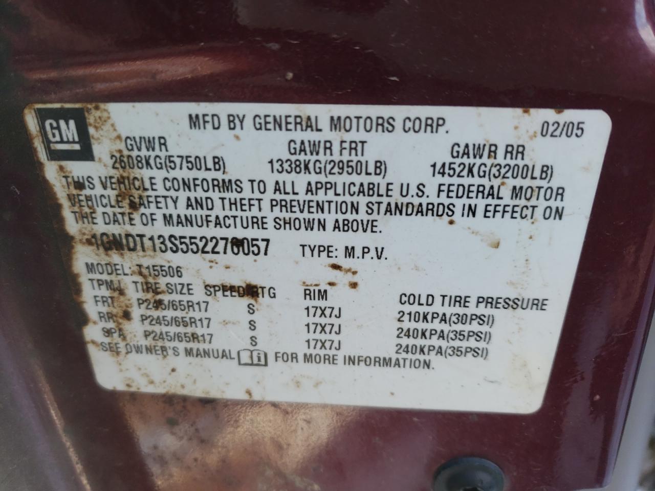 Photo 10 from auction – 2005 CHEVROLET TRAILBLAZE with VIN 1GNDT13S552276057
