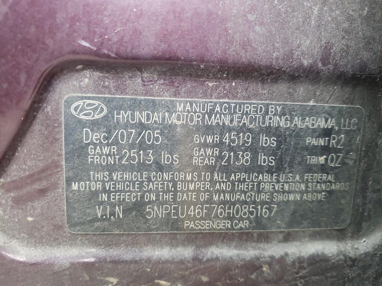 Photo 10 from auction – 2006 HYUNDAI SONATA GLS with VIN 5NPEU46F76H085167