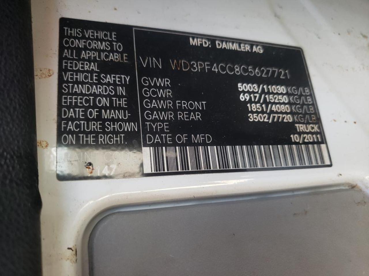 Photo 10 from auction – 2012 MERCEDES-BENZ SPRINTER 3 with VIN WD3PF4CC8C5627721
