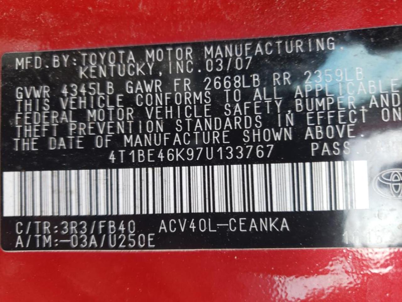 Photo 10 from auction – 2007 TOYOTA CAMRY CE with VIN 4T1BE46K97U133767