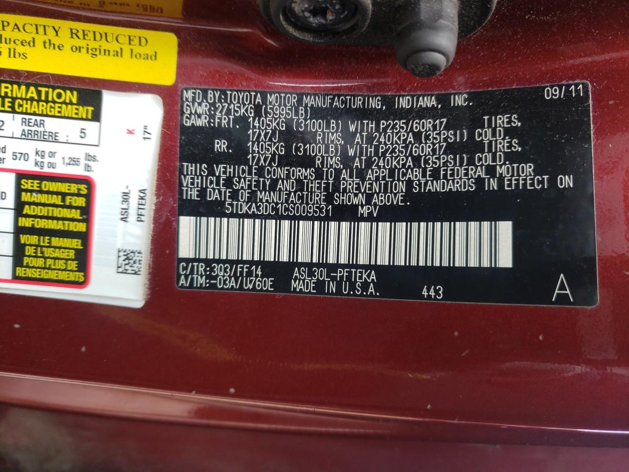 Фото 10 с аукциона – 2012 TOYOTA SIENNA BAS с VIN 5TDKA3DC1CS009531
