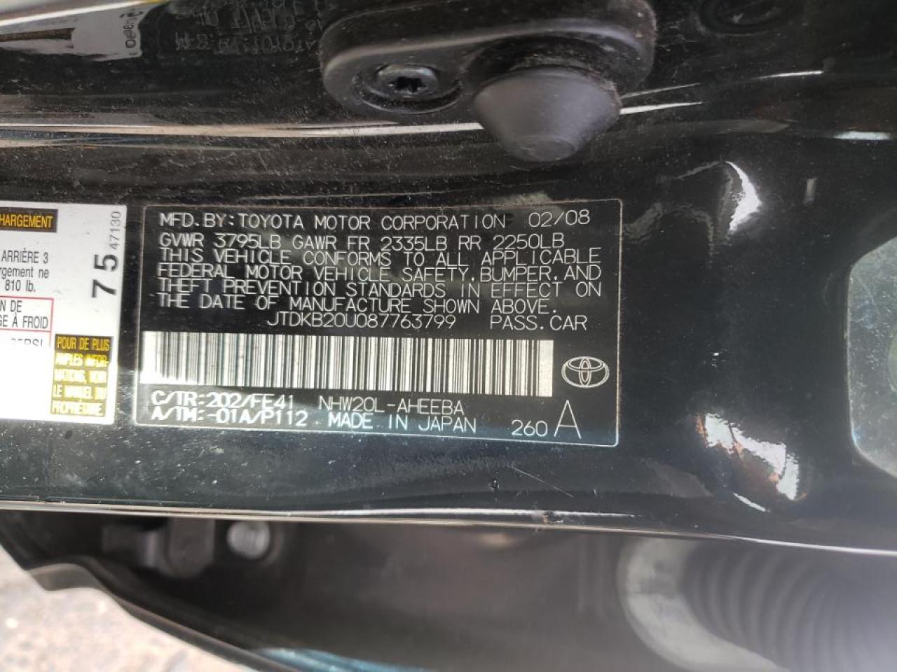 Photo 10 from auction – 2008 TOYOTA PRIUS with VIN JTDKB20U087763799