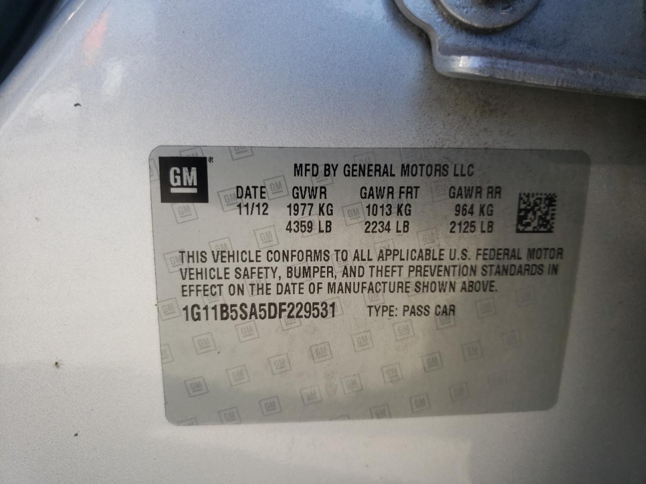 Photo 10 from auction – 2013 CHEVROLET MALIBU LS with VIN 1G11B5SA5DF229531
