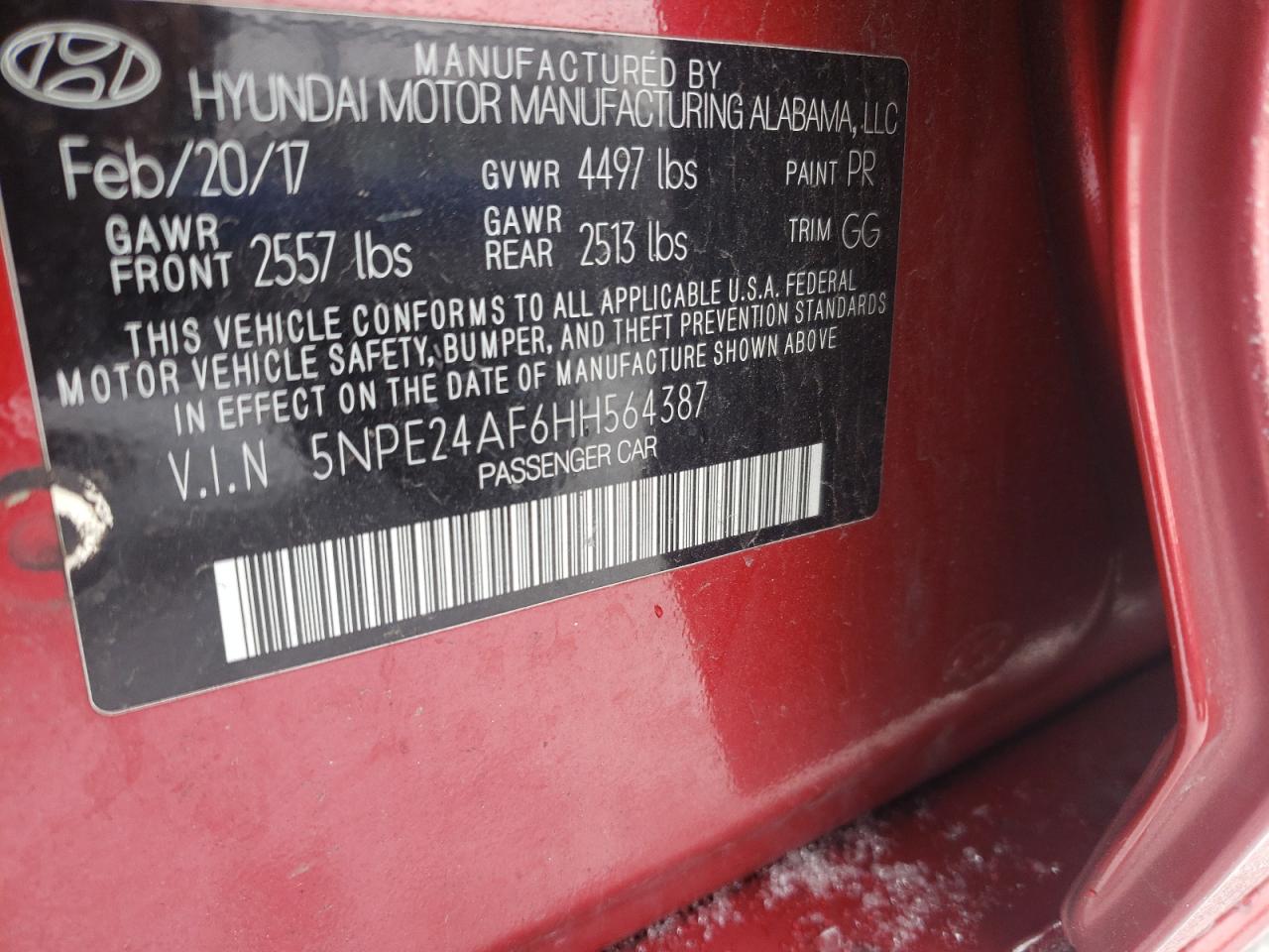 Photo 10 from auction – 2017 HYUNDAI SONATA SE with VIN 5NPE24AF6HH564387