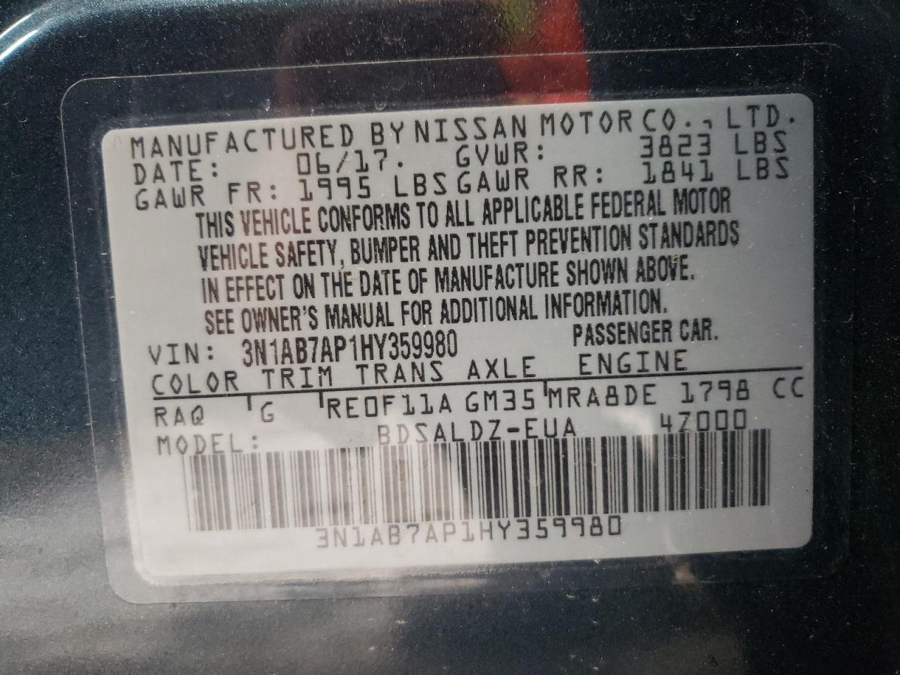 Photo 10 from auction – 2017 NISSAN SENTRA S with VIN 3N1AB7AP1HY359980