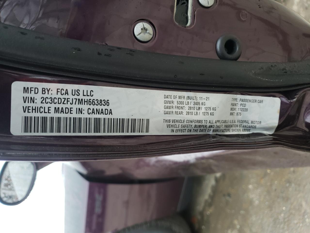 Photo 10 from auction – 2021 DODGE CHALLENGER with VIN 2C3CDZFJ7MH663836