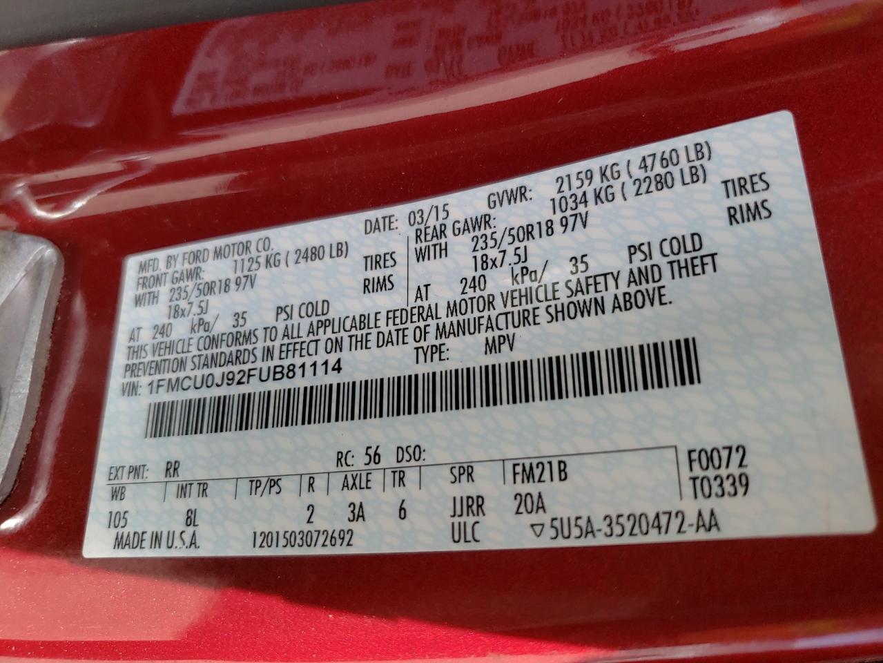 Zdjęcie 10 z aukcji – 2015 FORD ESCAPE TIT z VIN 1FMCU0J92FUB81114