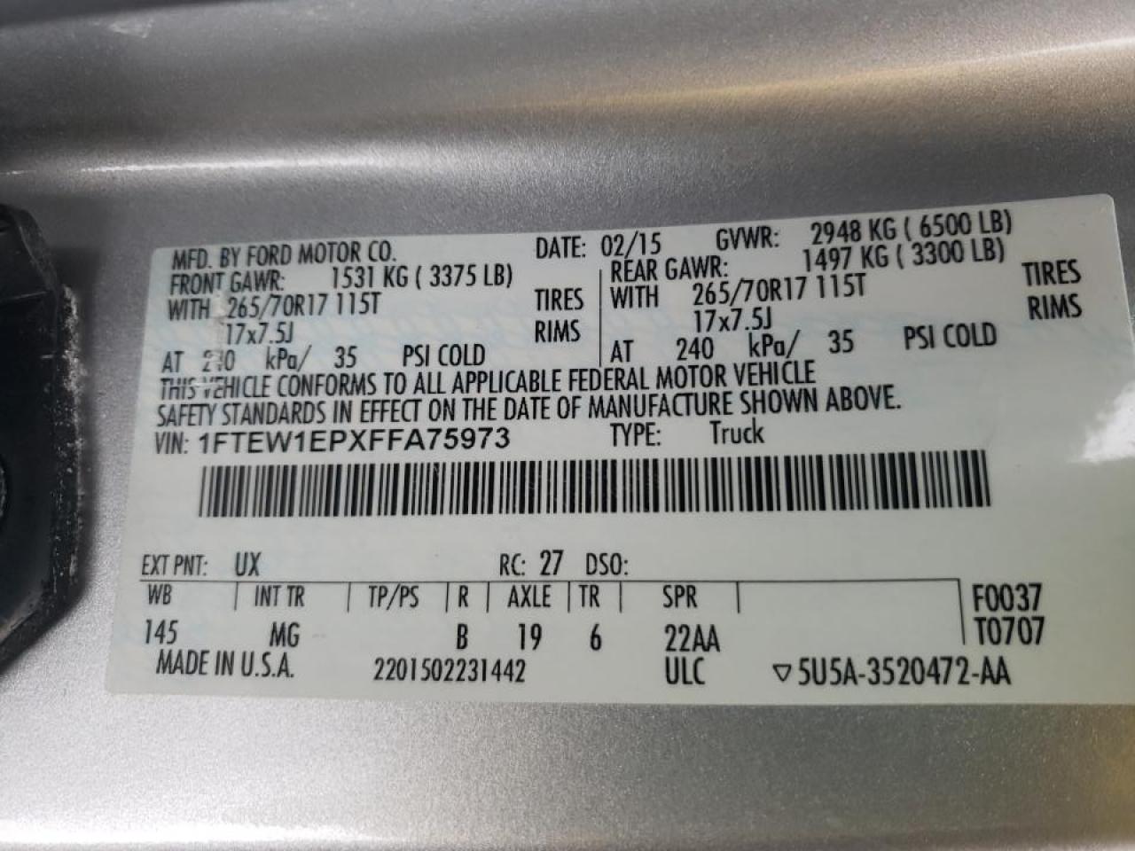 Photo 10 from auction – 2015 FORD F150 SUPER with VIN 1FTEW1EPXFFA75973