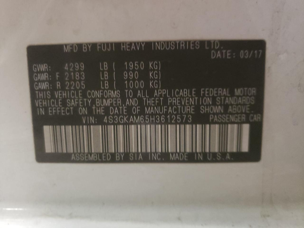 Photo 10 from auction – 2017 SUBARU IMPREZA SP with VIN 4S3GKAM65H3612573