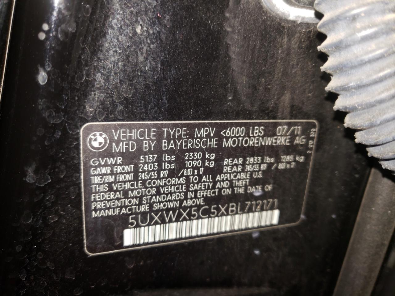 Photo 10 from auction – 2011 BMW X3 XDRIVE2 with VIN 5UXWX5C5XBL712171