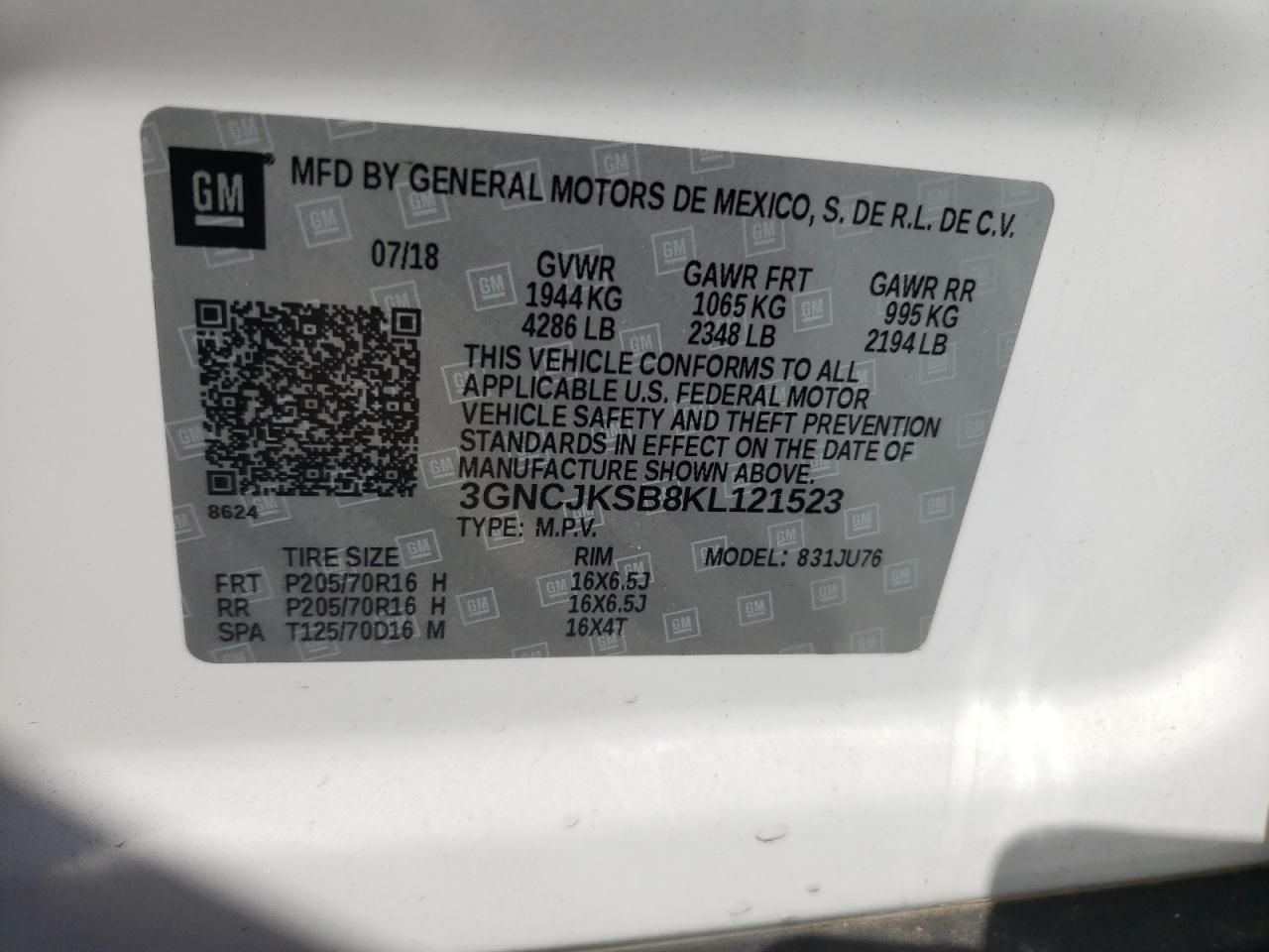 Photo 10 from auction – 2019 CHEVROLET TRAX LS with VIN 3GNCJKSB8KL121523