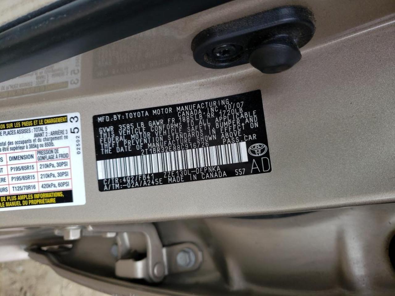 Photo 10 from auction – 2008 TOYOTA COROLLA CE with VIN 2T1BR32E88C916726