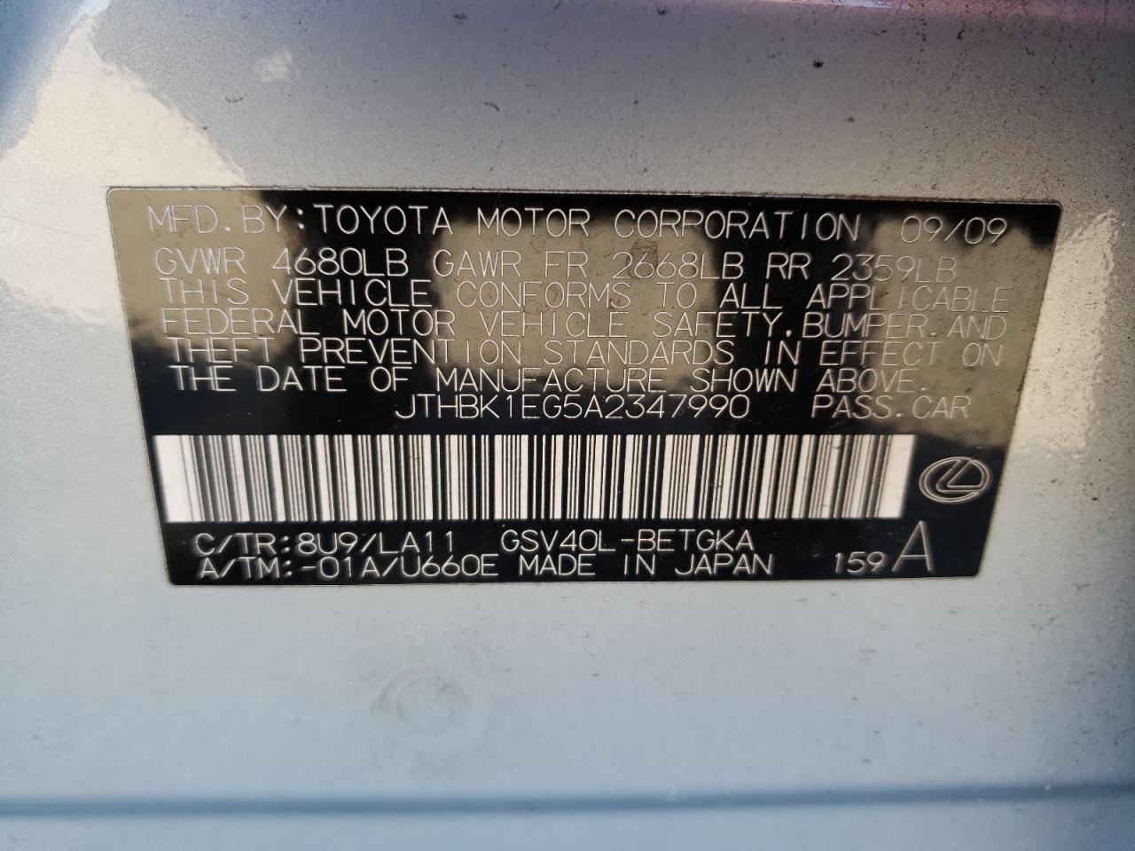 Photo 10 from auction – 2010 LEXUS ES 350 with VIN JTHBK1EG5A2347990