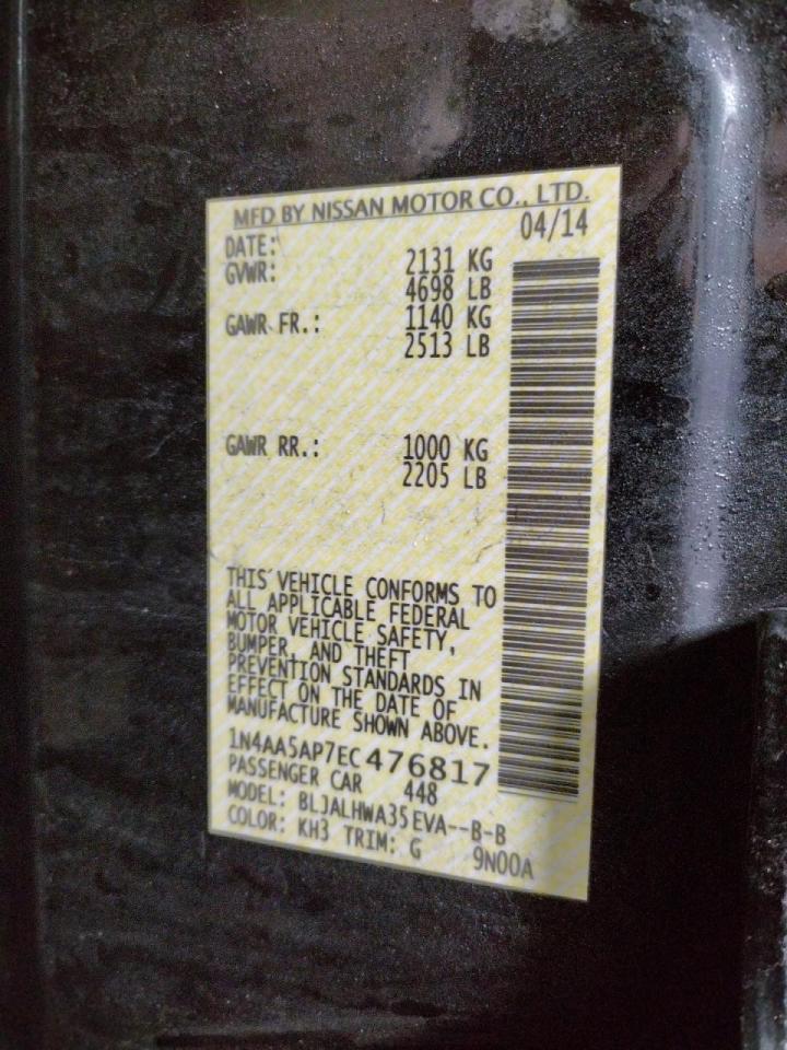 Photo 10 from auction – 2014 NISSAN MAXIMA S with VIN 1N4AA5AP7EC476817