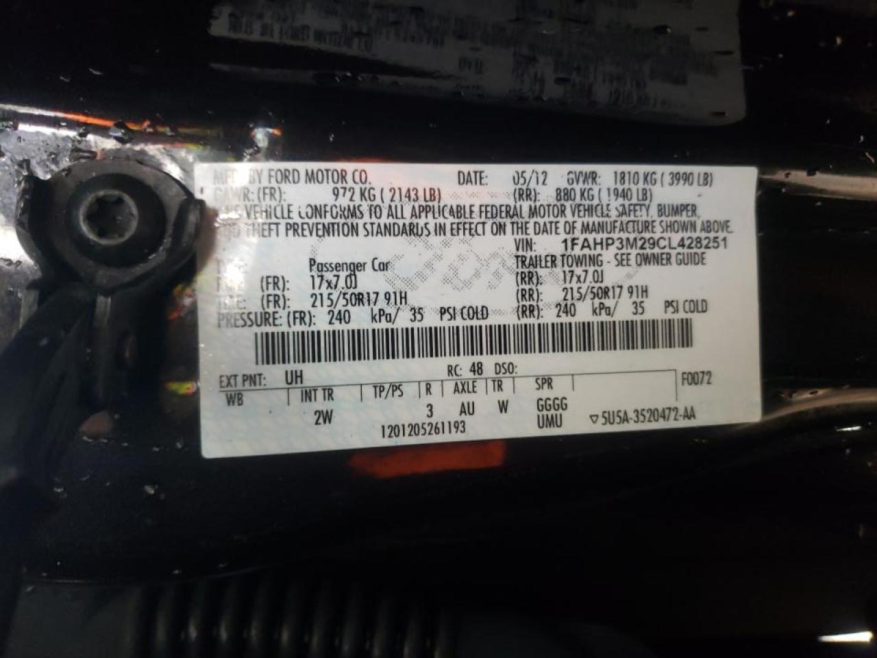 Photo 10 from auction – 2012 FORD FOCUS SEL with VIN 1FAHP3M29CL428251