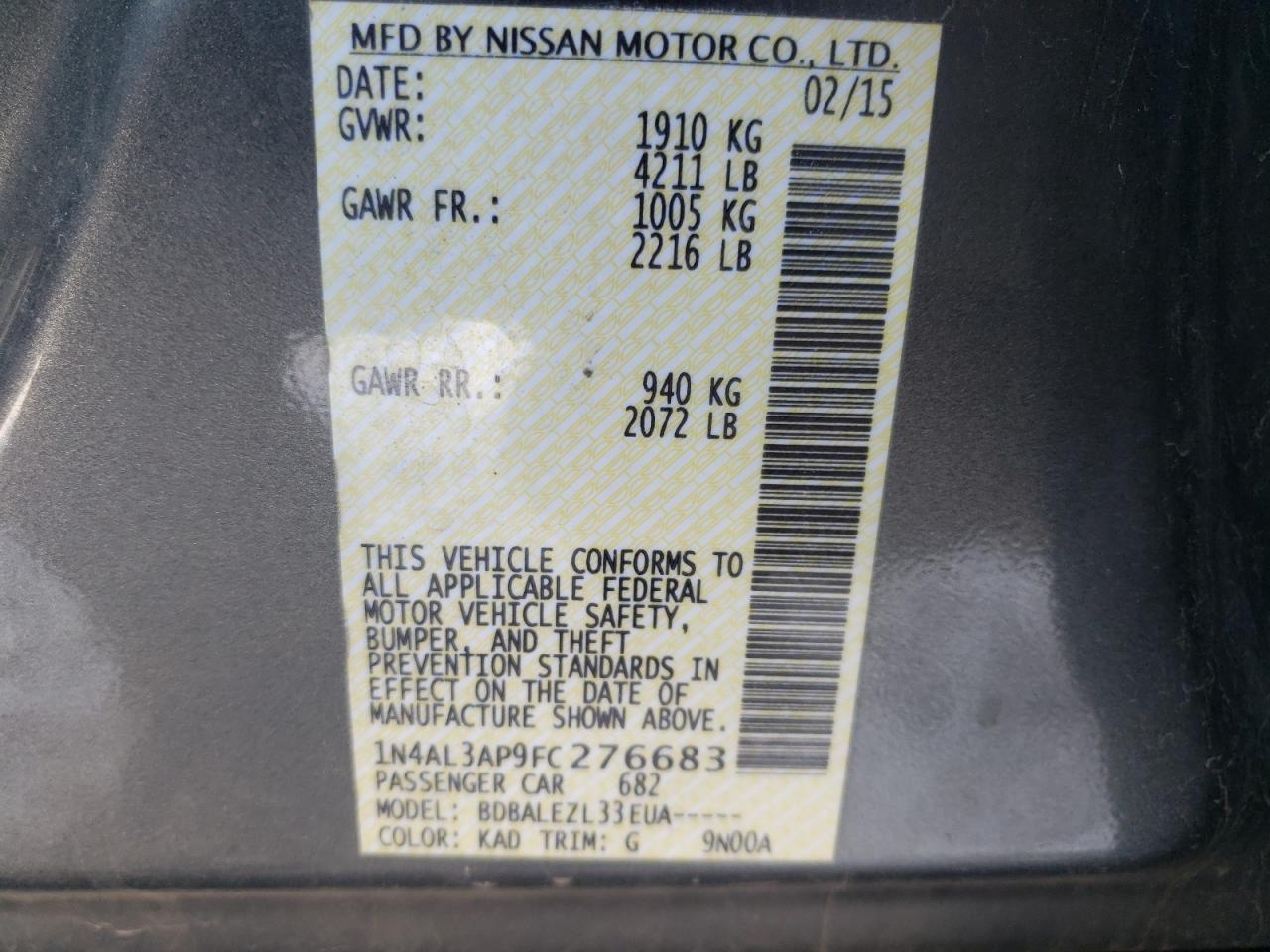 Photo 10 from auction – 2015 NISSAN ALTIMA 2.5 with VIN 1N4AL3AP9FC276683