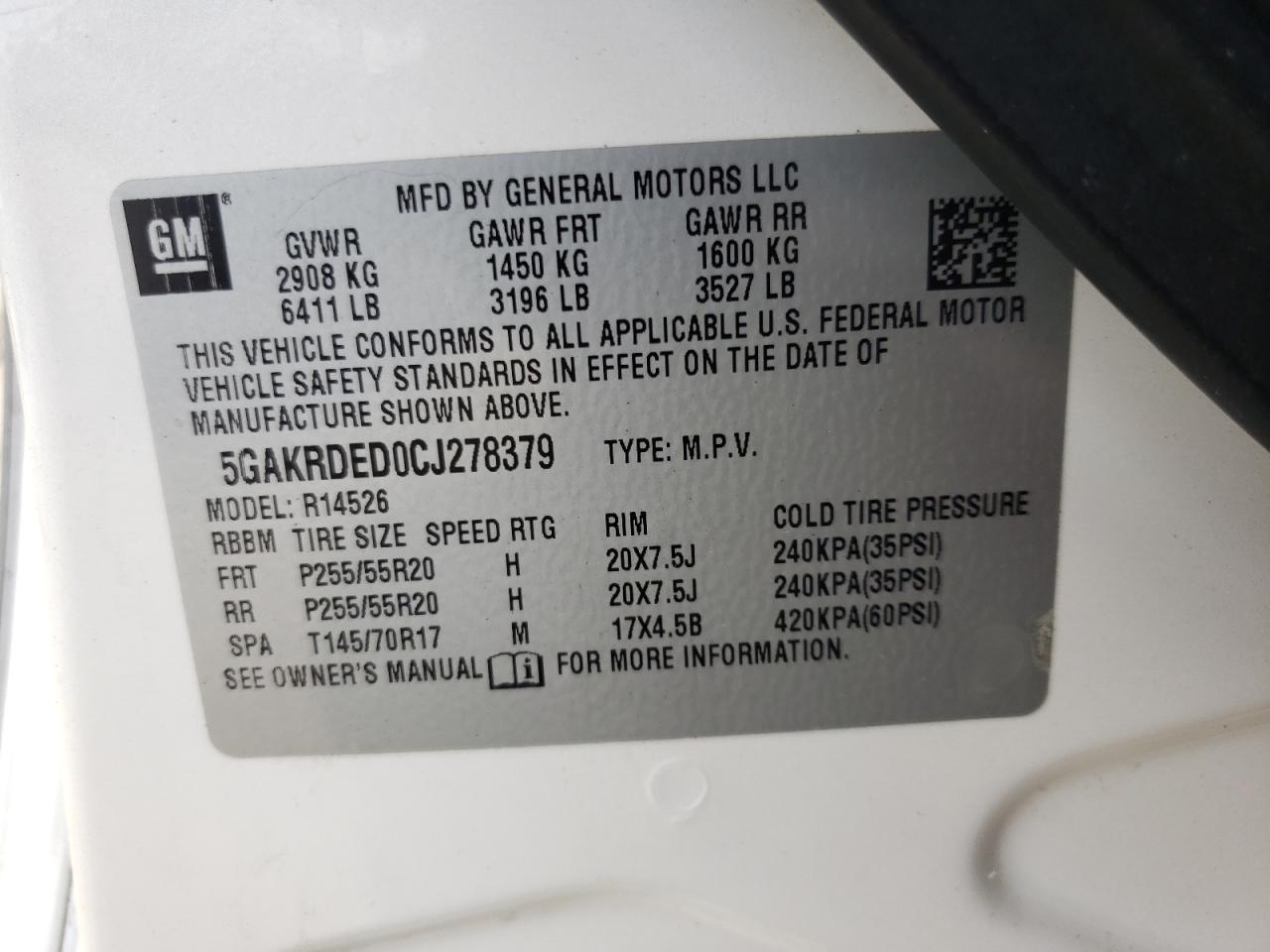 Photo 10 from auction – 2012 BUICK ENCLAVE with VIN 5GAKRDED0CJ278379