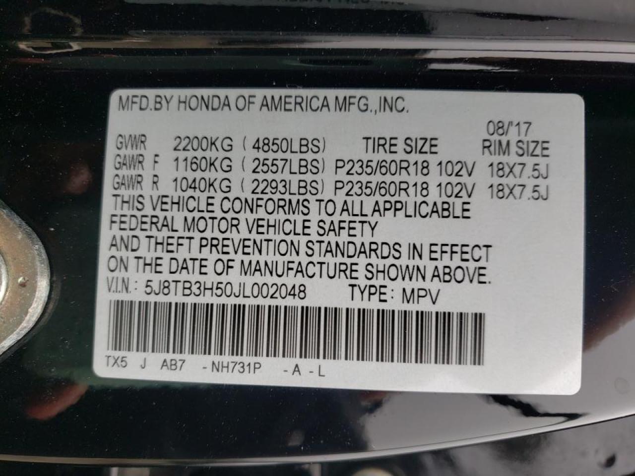 Photo 10 from auction – 2018 ACURA RDX TECHNO with VIN 5J8TB3H50JL002048