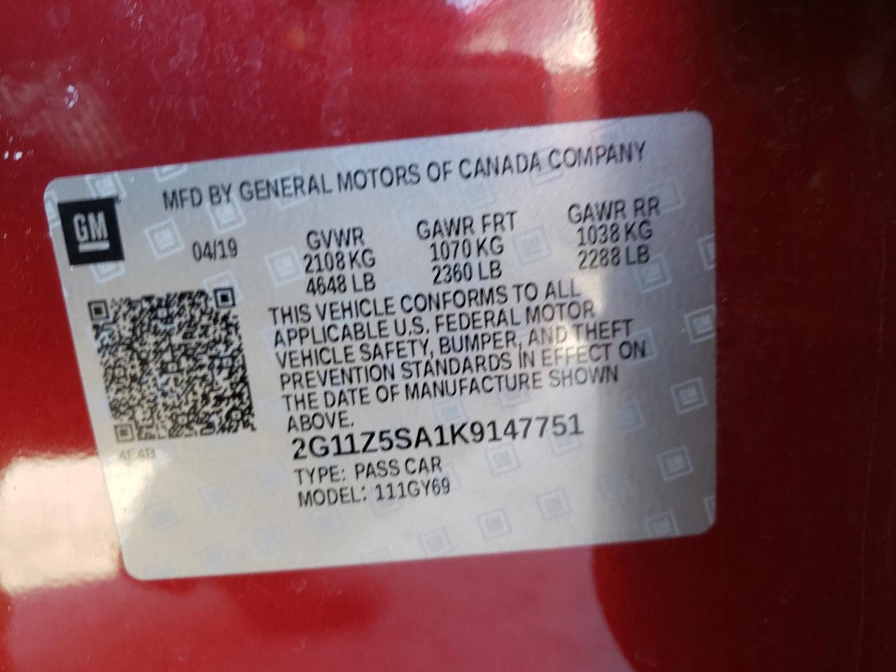 Photo 10 from auction – 2019 CHEVROLET IMPALA LT with VIN 2G11Z5SA1K9147751