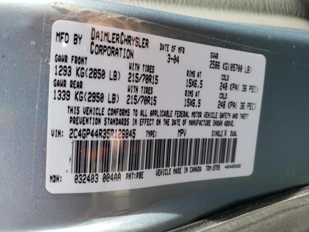 Photo 10 from auction – 2005 CHRYSLER TOWN & COU with VIN 2C4GP44R35R126845