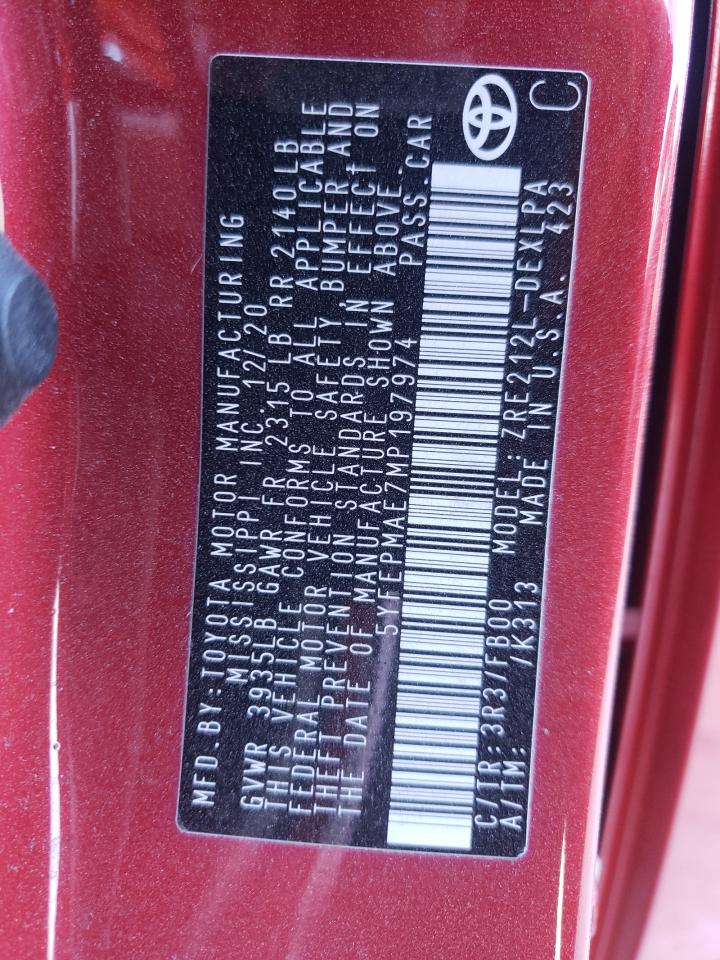 Photo 10 from auction – 2021 TOYOTA COROLLA LE with VIN 5YFEPMAE7MP197974