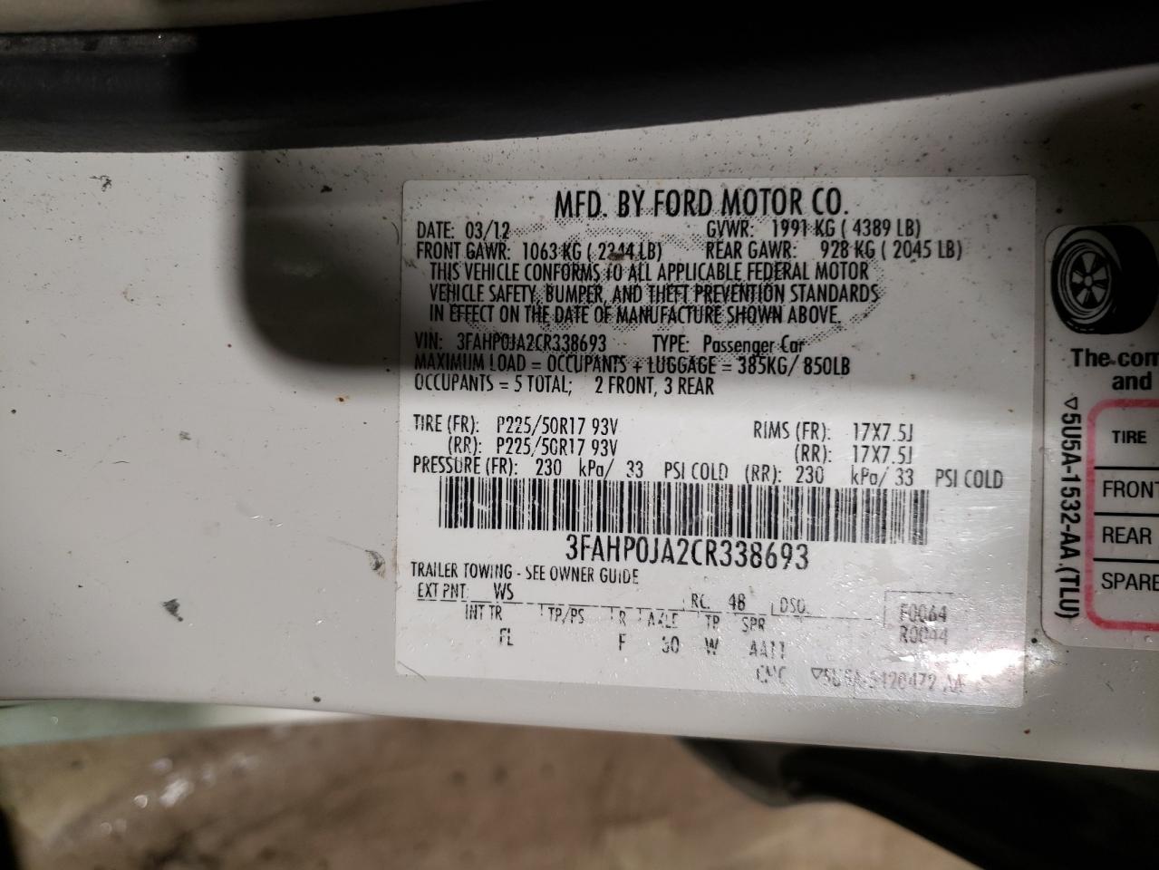 Photo 10 from auction – 2012 FORD FUSION SEL with VIN 3FAHP0JA2CR338693